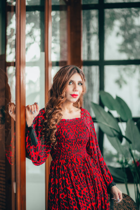 Red Leopard Smokey Dress